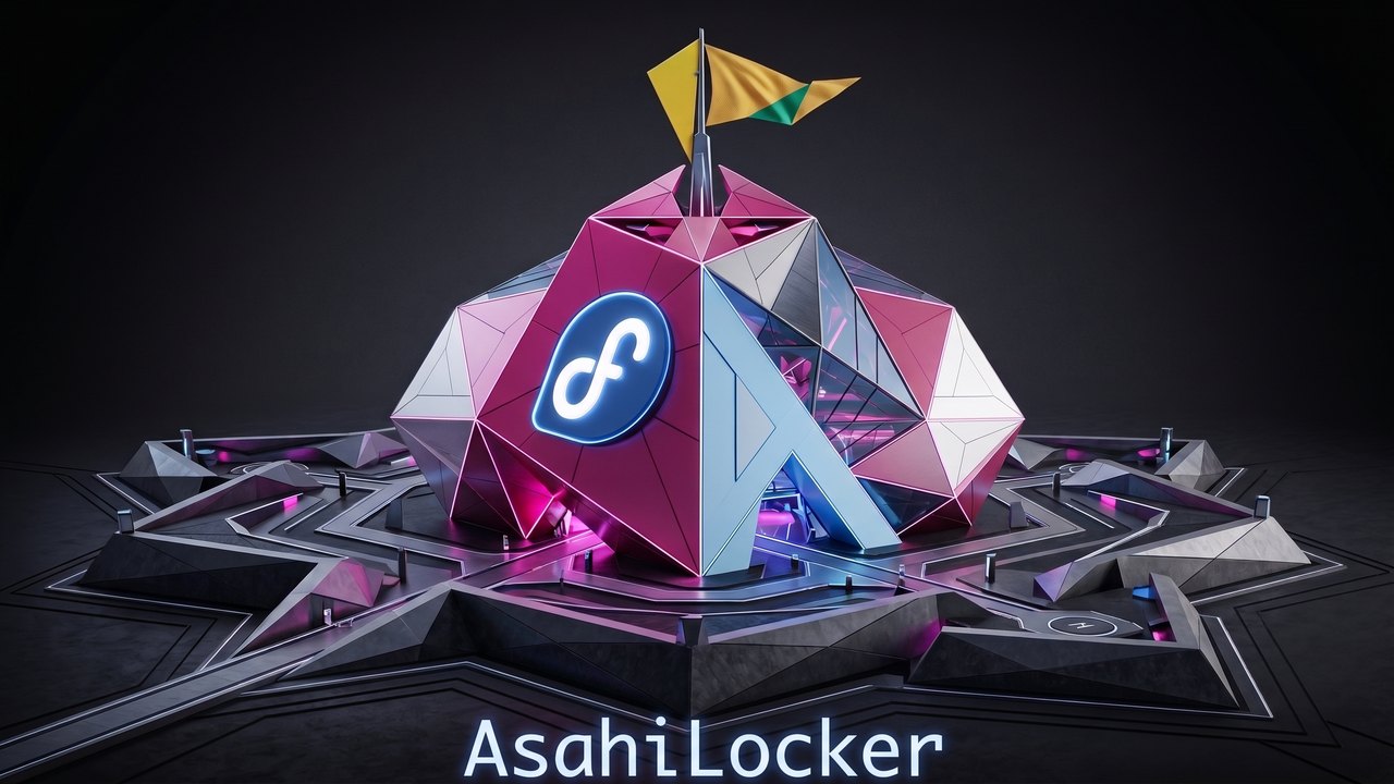 AsahiLocker logo: a faceted pink and silver polyhedron bearing the Fedora mark and the Asahi Linux 'A', on a dark platform lit with magenta and blue neon
