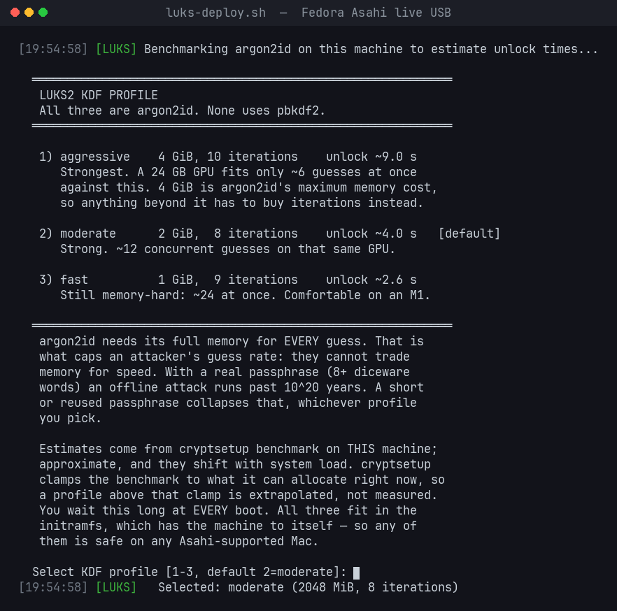 The luks-deploy.sh KDF profile prompt, listing aggressive, moderate and fast argon2id profiles with unlock times benchmarked on the running Mac
