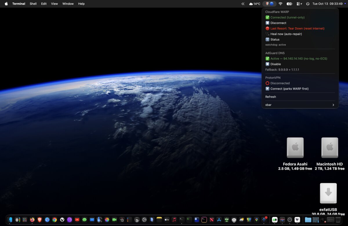 The macOS desktop with the Security Toggle menu open in the menu bar: a shield and a blue dot for WARP connected with AdGuard DNS, and sections for Cloudflare WARP (Disconnect, Last Resort: Tear Down, Heal now, Status), AdGuard DNS (Disable) and ProtonVPN (Connect)